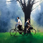 Painting of a man and woman on bikes