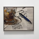 Painting of Manhattan in a glass with in-progress Crowssword Puzzles
