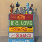 Still life painting with toys on soda boxes