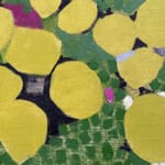 Abstracted painting of yellow leaves on a green speckled background