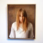 Portrait painting of a woman with blonde hair and white shirt
