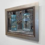 Painting of two glass jars on an old wood fence with a chain lock