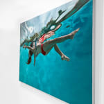 Oil painting of woman floating at surface from beneath on canvas