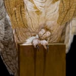 Painting of a white faced owl with curled toes on a perch