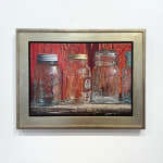 Painting of glass mason jars on a wood table in front of a red wall