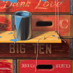 Painting of stacked crates and an apple with a bucket of paint