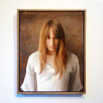 Portrait painting of a woman with blonde hair and white shirt