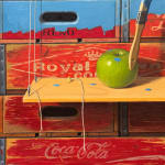 Painting of stacked crates and an apple with a bucket of paint