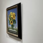Oil painting of Sunflower on pedestal with cup stems behind on panel