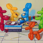 Balloon dogs standing around with drinks, cheese, and olives