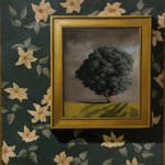 Trompe l'œil with framed tree painting on a floral wall