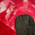 Painting of two women seen from the back over a red abstracted background