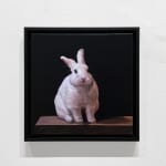 Print of a painting of a white rabbit on a ledge