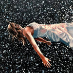 Oil painting of girl floating in space on canvas
