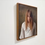 Portrait painting of a woman with blonde hair and white shirt