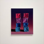 Painting of two towers of paper boxes on a pink/blue gradient background