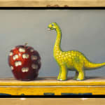 Painting of a dinosaur with a bit apple beside it, all surrounded by a bitten frame
