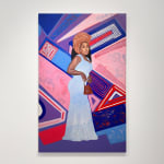 Painting of a woman in a white and blue dress