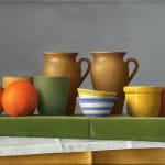 Still life painting with vessels and oranges