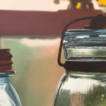 Painting of three glass ball jars sitting on a glass shelf in front of a window