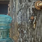 Painting of two glass jars on an old wood fence with a chain lock