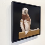 Painting of a white and brown lemur sitting on a a brown platform