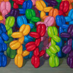 Lower right detail of Multicolored balloon dogs gathered in a large group