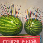 Painting of two watermelons with paintbrushes