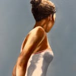 Painting of woman in white bathing suit on a diving board