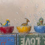 Painting of toy dinosaurs bathing and playing with bubbles atop stacked soda crates