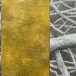 Painting of a tangle of branches with an off centered vertical yellow stripe