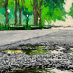 Painting of a rain puddle in the walkway of a park