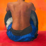 Painting of a woman with brown skin and hair in a bun sitting in a blue skirt with orange background