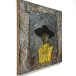 Oil painting of woman in large black hat on canvas