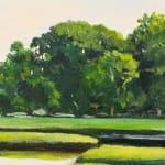 Painting of a river marsh with bushes and landscape