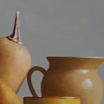 Orange and yellow fruits, vegetables, and cups on grey cloth