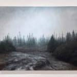 Painting of a foggy pine tree forest with a turbulent river in the foreground