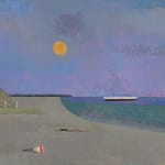 Landscape oil painting of coast line with boats