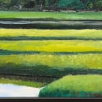 Painting of a river marsh with bushes and landscape