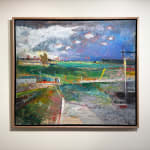 Painting of a beach and countryside landscape