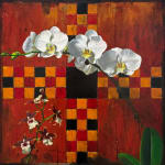 Painting of white orchids in front of an antique style gameboard
