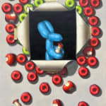 Painting of balloon dog eating an apple inside a painting of apples
