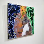 Painting fo Nigerian man and woman in front of abstracted painted backdrops