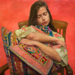 Figurative oil painting of girl sitting and clutching pillow on panel