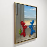 Painting of two colorful balloon dogs posed in front of window overlooking a beach scene
