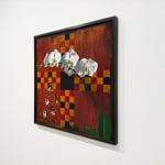 Painting of white orchids in front of an antique style gameboard