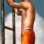 Man in orange bathing suit shorts standing on a small diving board in the skyMan in orange bathing suit shorts standing on a small diving board in the sky