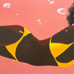 Dark skin woman swimming over a pink background