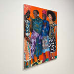 4 Women in colorful fabric clothing over an orange background