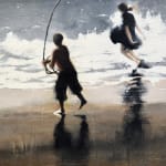Painting of children playing in the ocean with a jump rope
